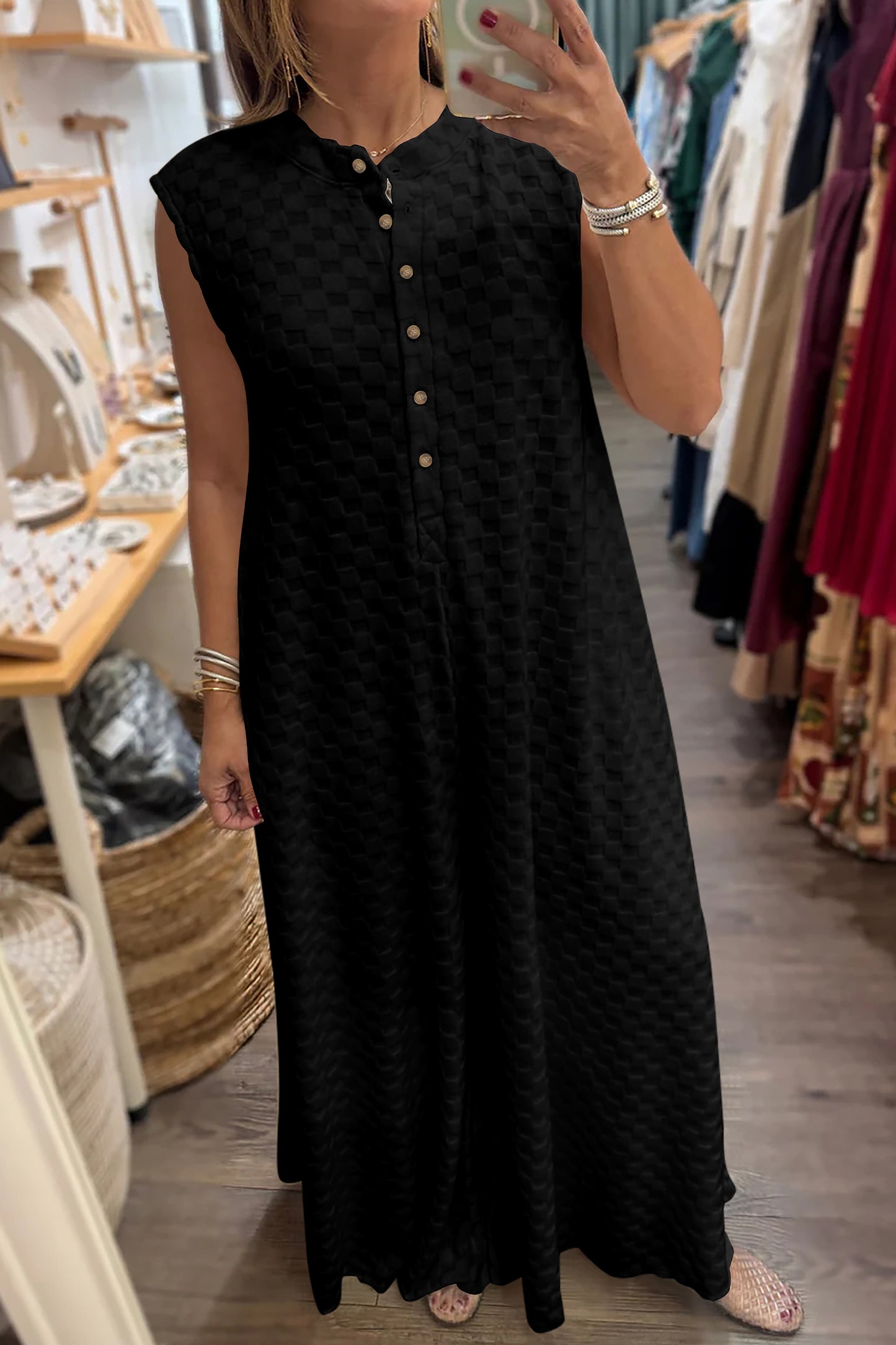 Black Half Buttons Sleeveless Wide Leg Textured Jumpsuit - Cowaa