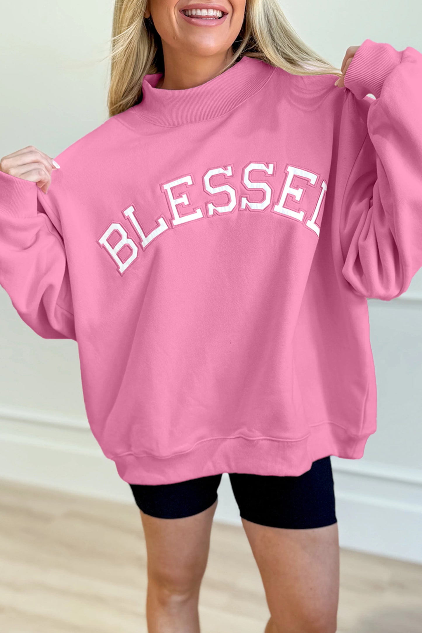 Bright Pink Oversize Blessed Embroidered Mock Neck Sweatshirt - Cowaa