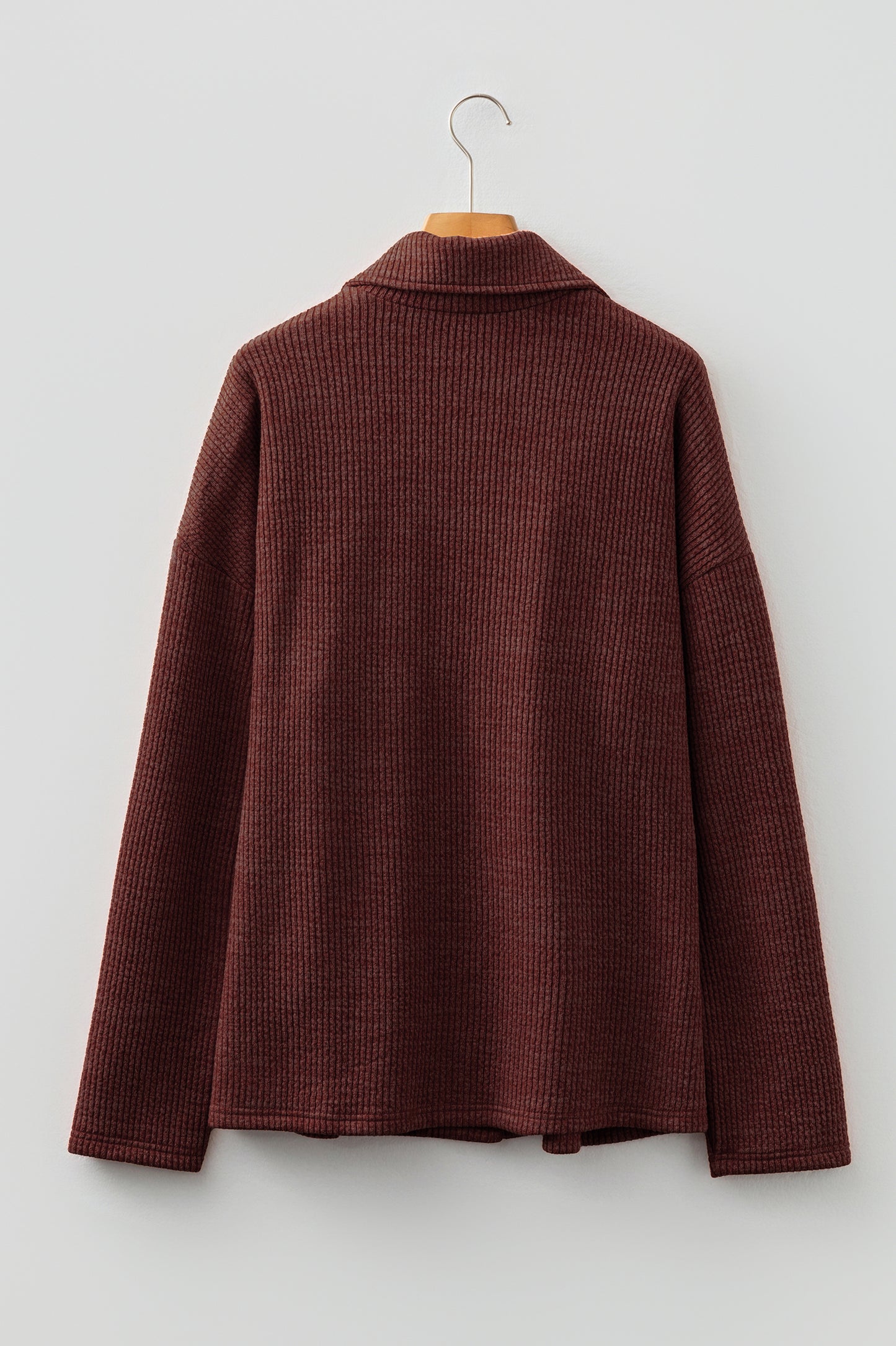 Red Sandalwood Ribbed Knit Buttons Front Flap Pocket Casual Shacket