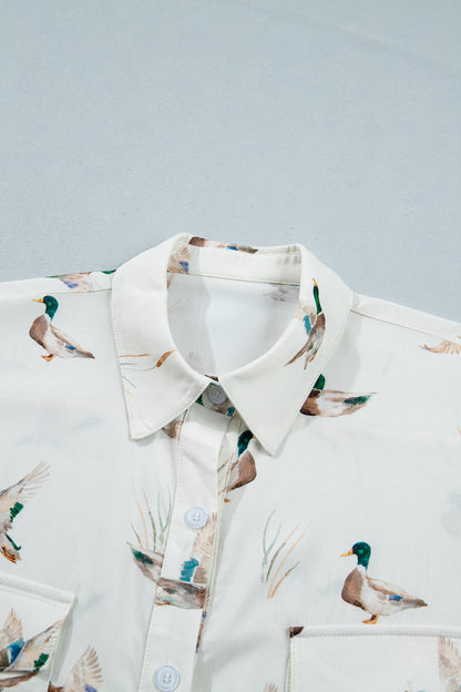 White Mallard Printed Button Flap Pocket Short Sleeve Shirt