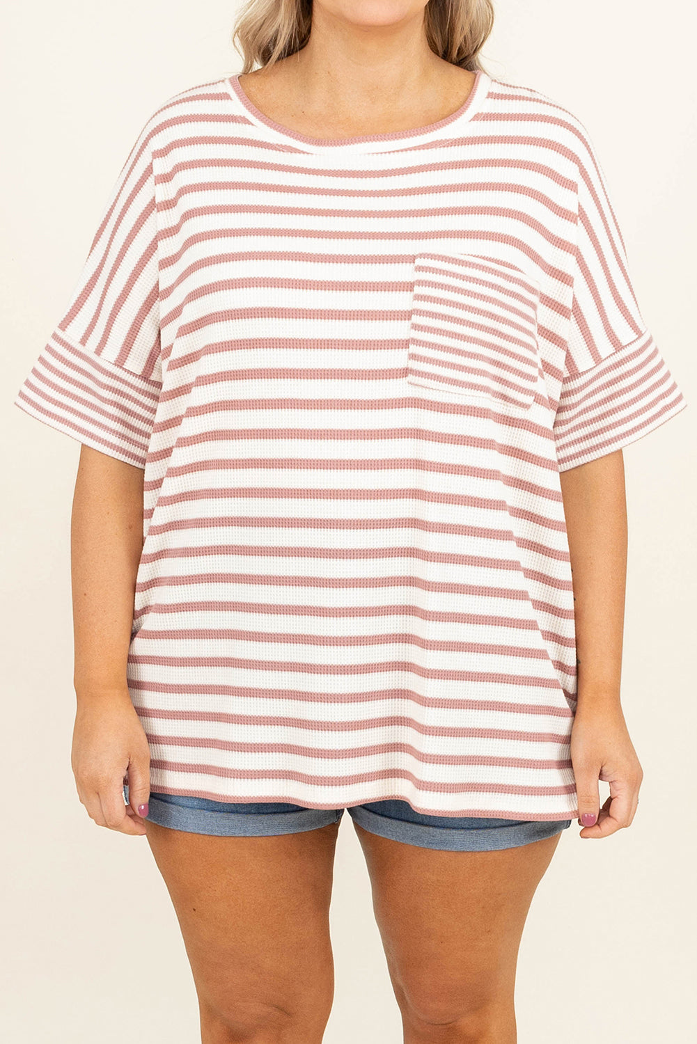 Pink Stripe Waffle Knit Pocket Half Sleeve Plus Size T Shirt