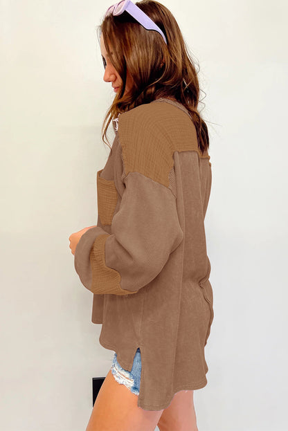 Crinkle Patchwork Long Sleeve Top - Cowaa