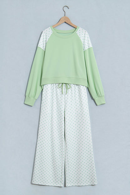 Light Blue Polka Dot Patchwork Colorblock Long Sleeve Casual Two Piece Pants Set