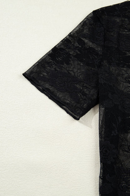 Black Floral Lace Mesh Short Sleeve Sheer Top