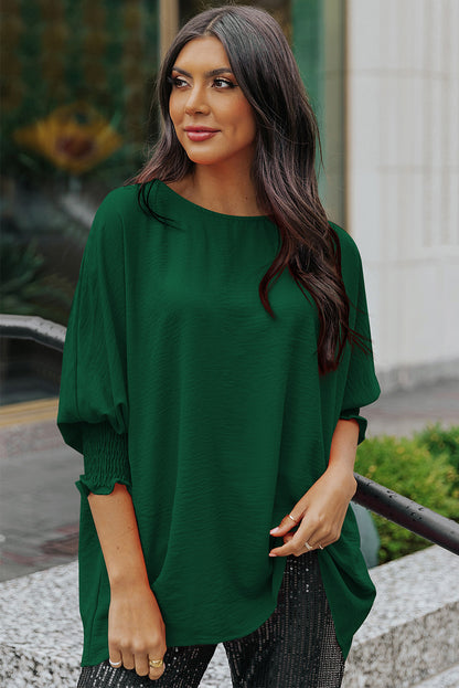 Apricot Solid Casual Smocked Cuffs Batwing Sleeve Blouse - Cowaa