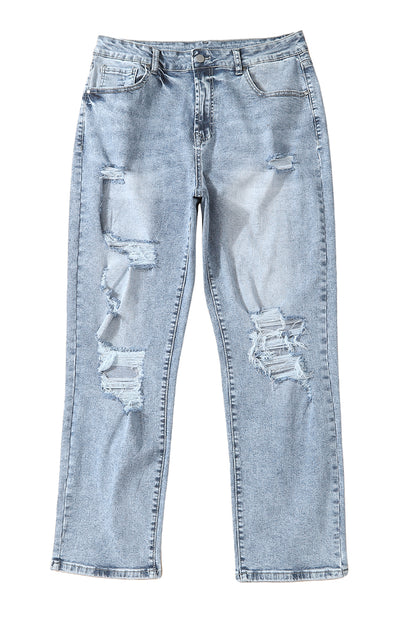 Sky Blue Light Wash Frayed Slim Fit High Waist Jeans - Cowaa