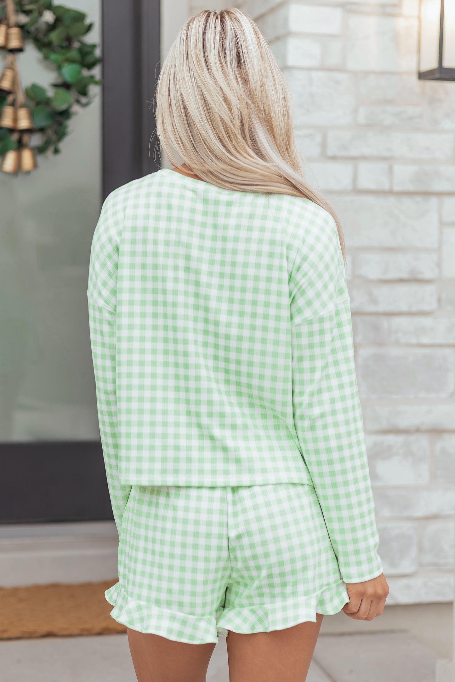 Green Gingham Long Sleeve Loose Top Drawstring Shorts 2pcs Lounge Set - Cowaa