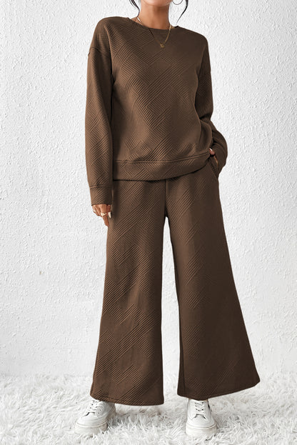Strawberry Pink Textured Loose Slouchy Long Sleeve Top and Pants Set - Cowaa