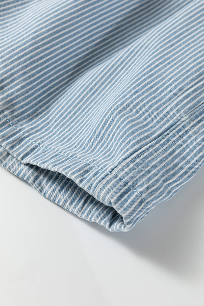 Sky Blue Stripe Drawstring Elastic Waist Casual Denim Shorts - Cowaa