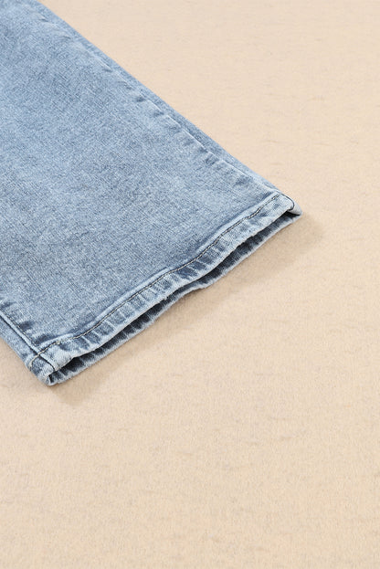 Sky Blue Light Wash Frayed Slim Fit High Waist Jeans - Cowaa