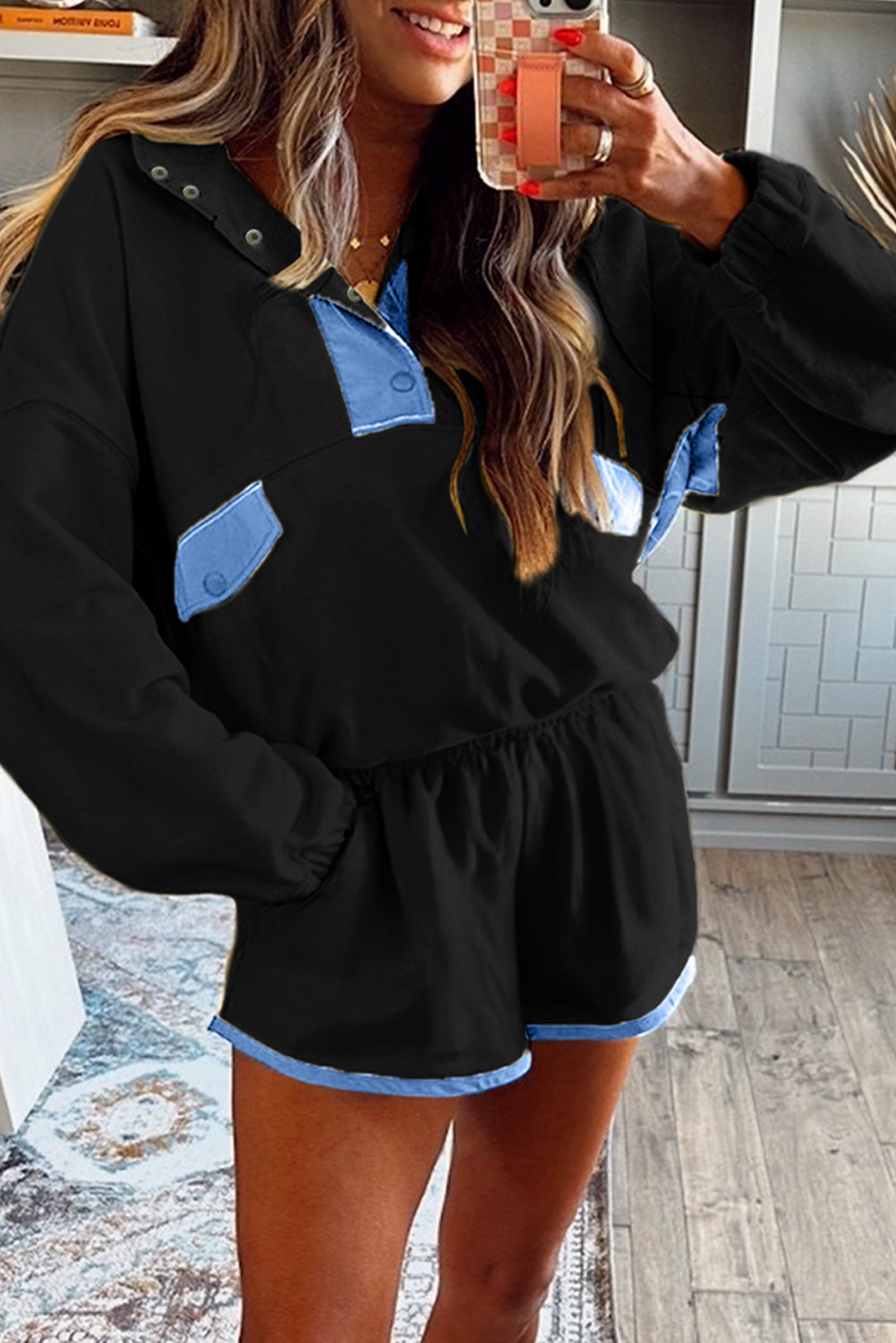 Red Dahlia Colorblock Patchwork Half Button Pullover and Shorts Outfit - Cowaa