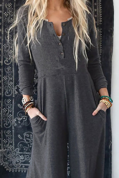 Dark Grey Henley Long Sleeve Wide Leg Jumpsuit with Pockets - Cowaa