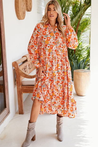 Multicolor Boho Floral Collared Long Sleeve Dress - Cowaa