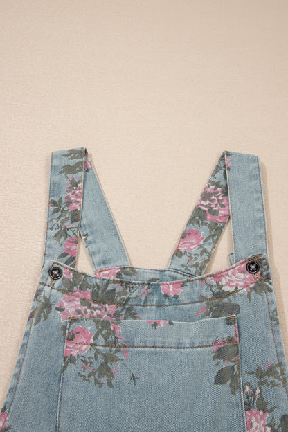 Gray Beau Floral Print Pleated High Waist Wide Leg Denim Jumpsuit