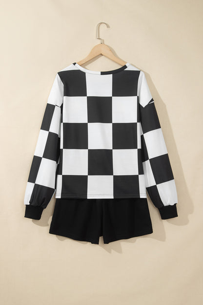 Black Checkerboard Plaid Long Sleeve Solid Color Shorts 2pcs Set