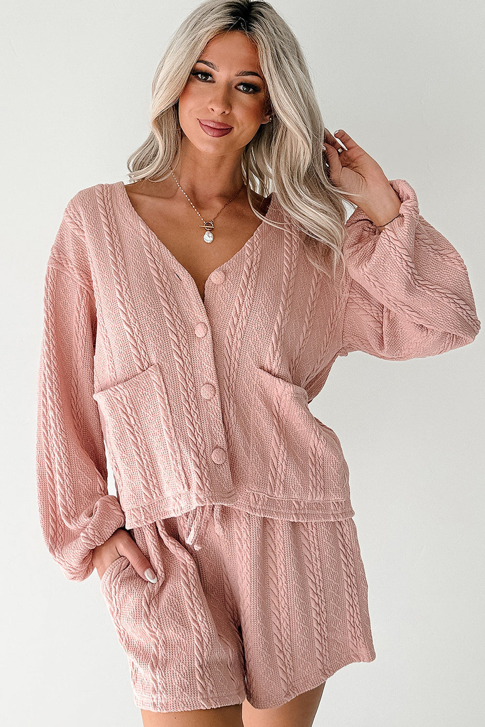 Gossamer Pink Cable Knit V Neck Cardigan Shorts Set - Cowaa