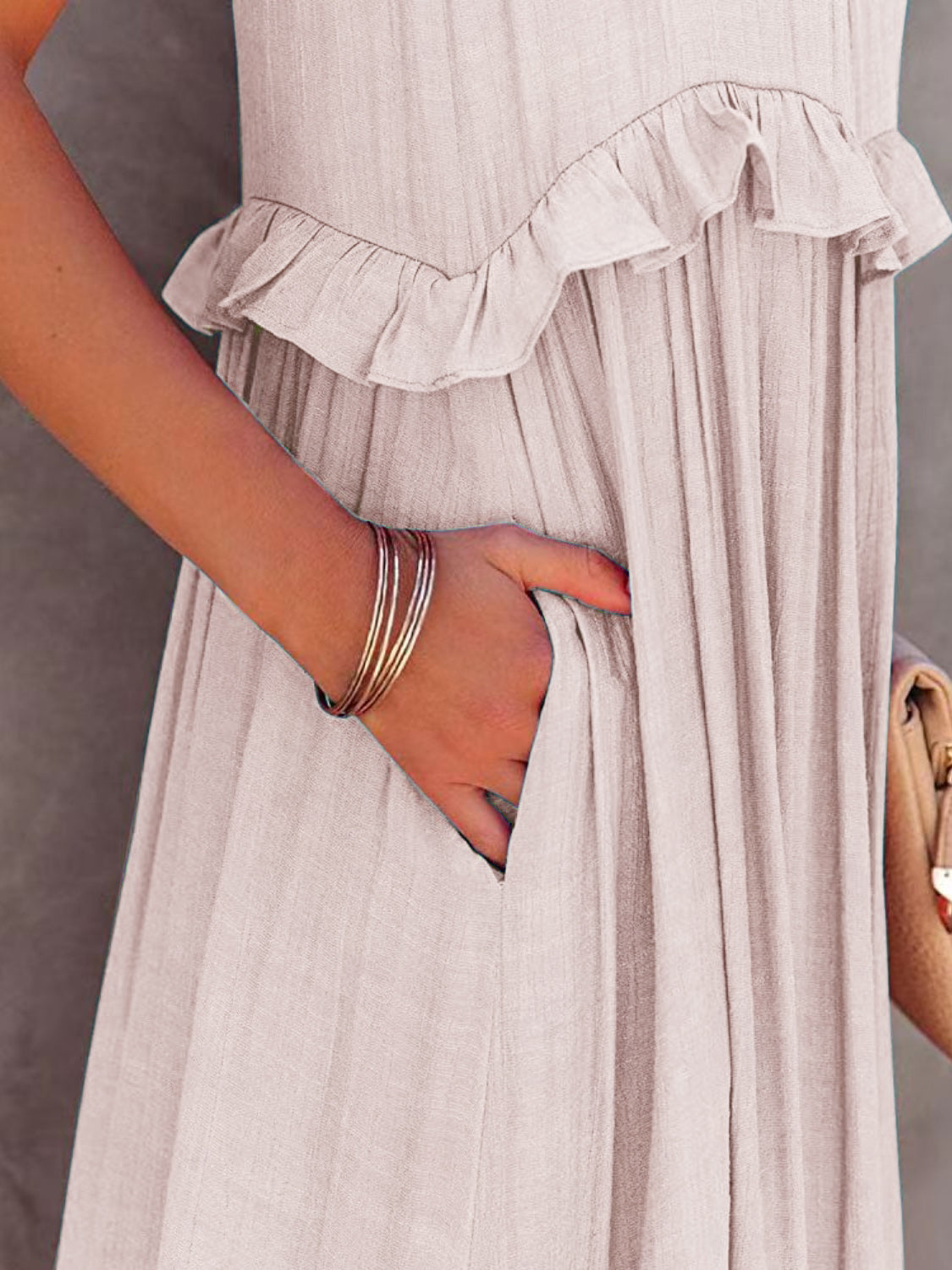 Ruffled Sleeveless Tiered Maxi Dress with Pockets - Cowaa