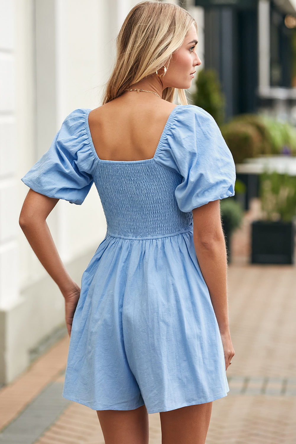 Sky Blue Square Neck Ruched Puff Sleeve Romper