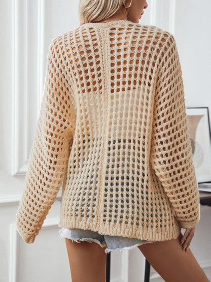 Openwork Open Front Long Sleeve Cardigan - Cowaa