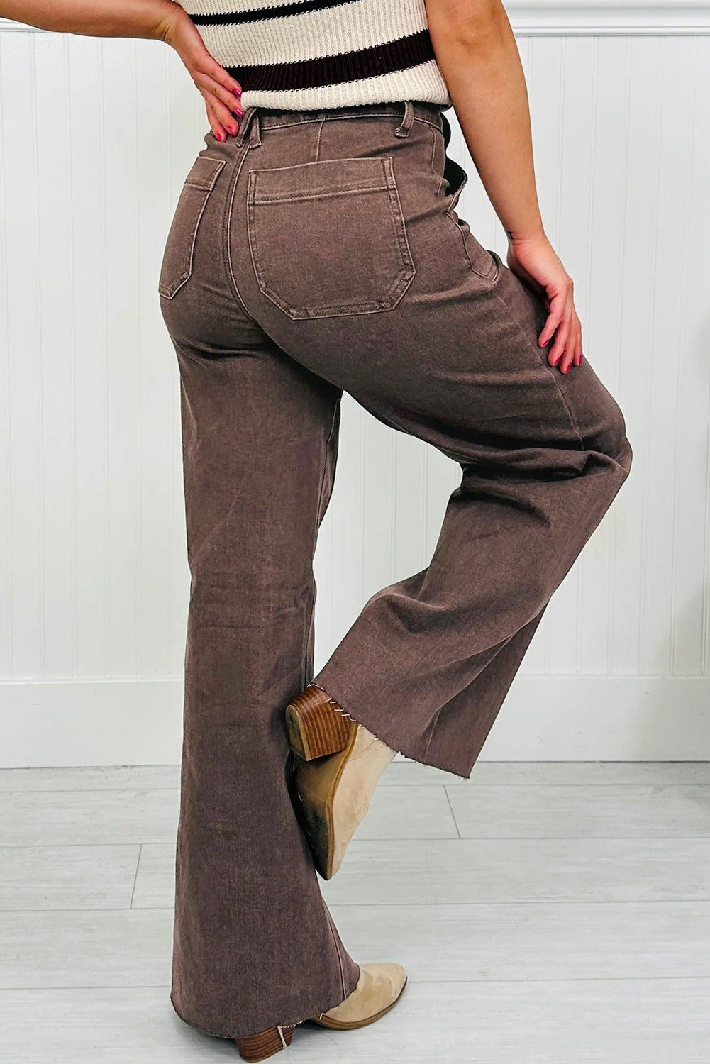 Dark Brown Retro Washed Patch Pocket Wide Leg Loose Jeans
