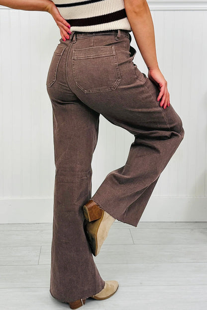 Dark Brown Retro Washed Patch Pocket Wide Leg Loose Jeans