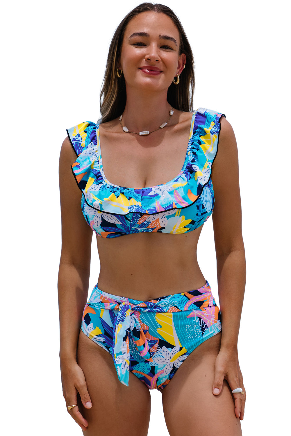 Green Tropical Print Ruffled Square Neck Tie High Waist Swimsuit - Cowaa