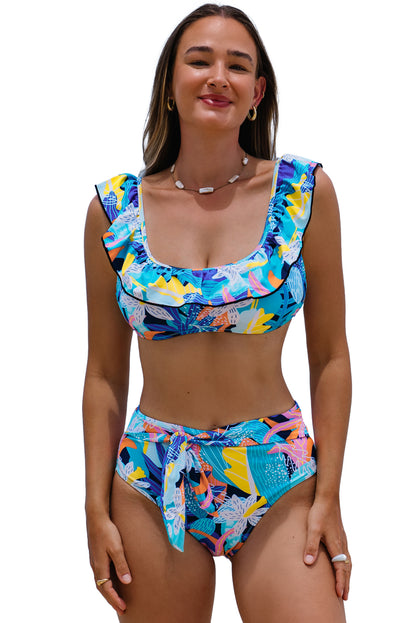 Green Tropical Print Ruffled Square Neck Tie High Waist Swimsuit - Cowaa