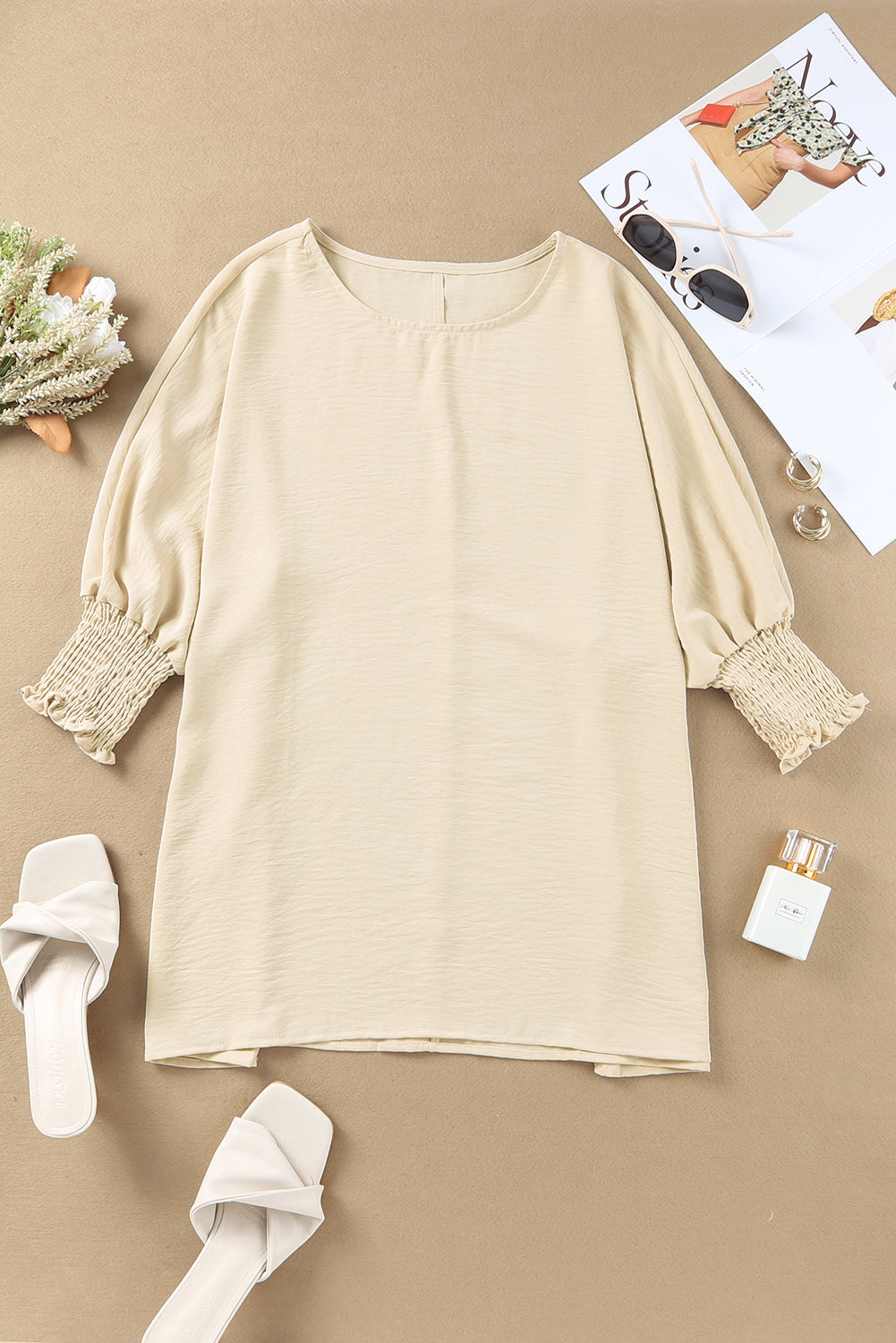Apricot Solid Casual Smocked Cuffs Batwing Sleeve Blouse - Cowaa