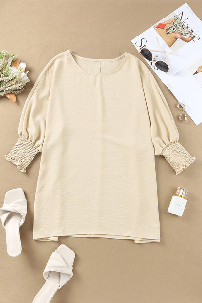 Apricot Solid Casual Smocked Cuffs Batwing Sleeve Blouse - Cowaa