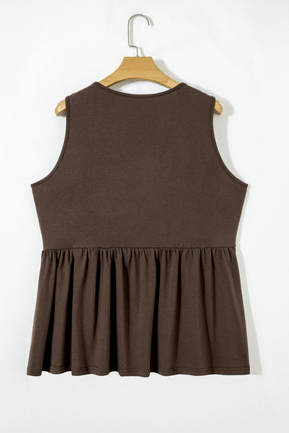 Coffee Plus Size Solid Color Bow Tie Peplum Tank Top - Cowaa