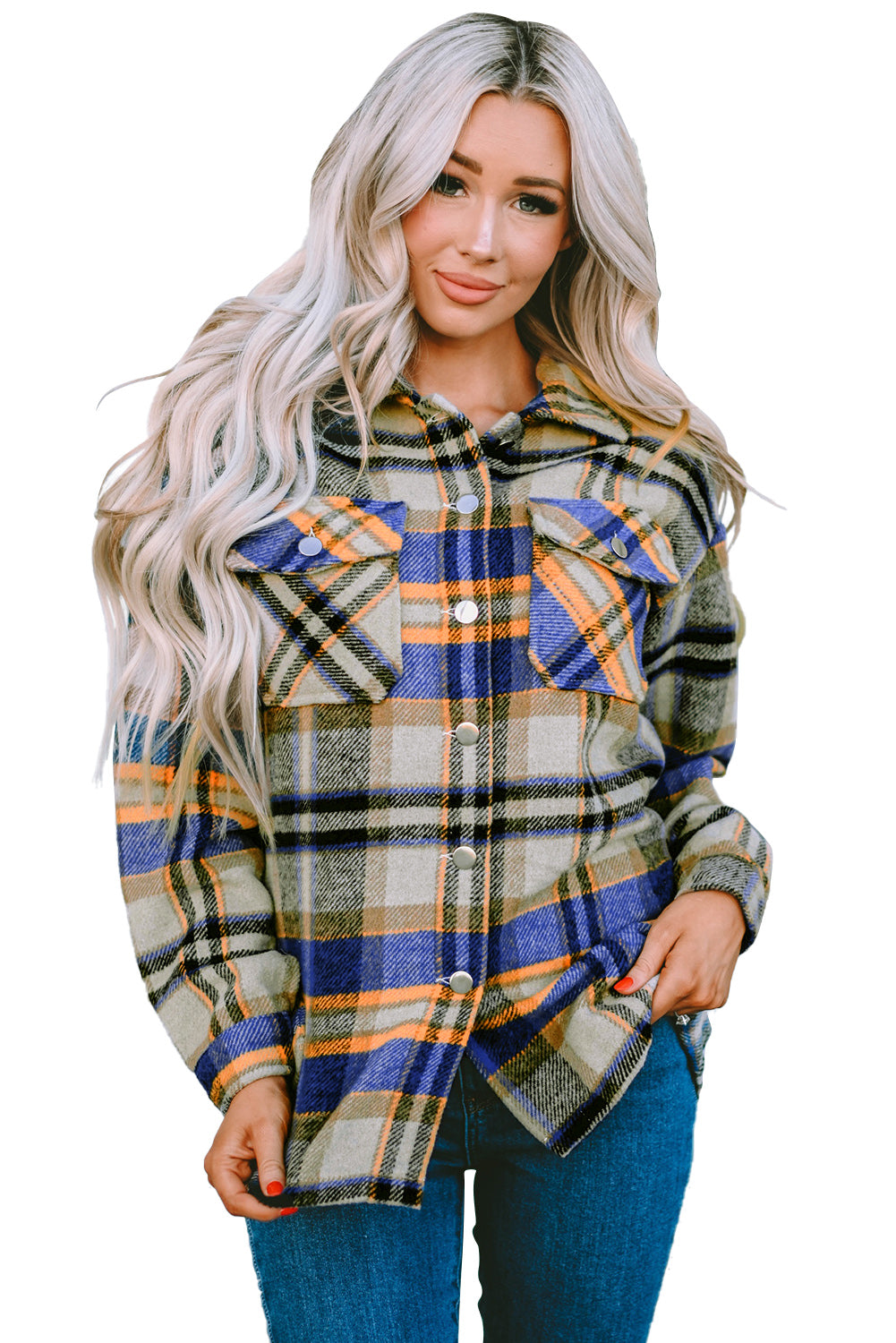 Plaid Button Front Pocket Shirt Shacket - Cowaa