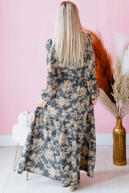 Sky Blue Plus Size Floral Print Split Neck Shirred High Waist Long Sleeve Maxi Dress - Cowaa