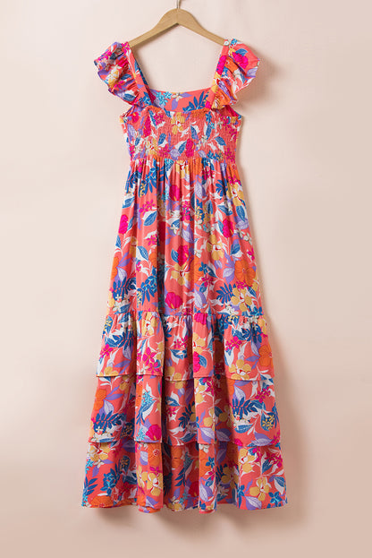 Boho Floral Print Ruffle Sleeveless Tiered Maxi Dress