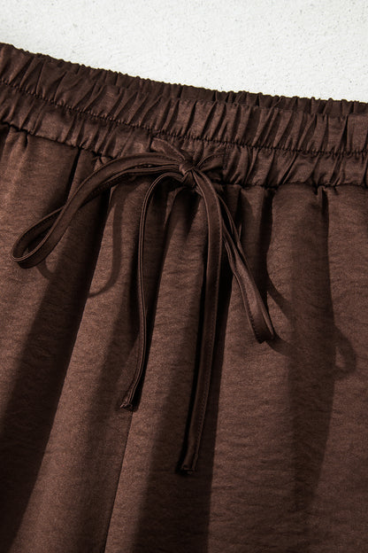 Dark Brown Braided V Neck Long Sleeve Loose Top and Drawstring High Waist Pants 2pcs Outfit - Cowaa