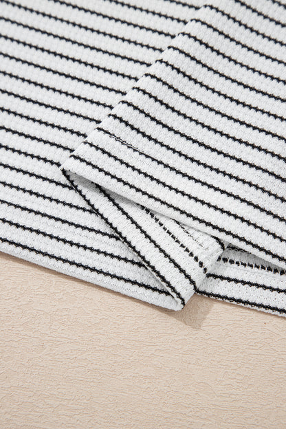 White Stripe Contrasted Ruffle Trim Loose Long Sleeve Top - Cowaa