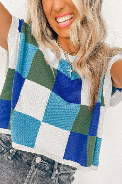 Fiery Red Checkered Color Block Cap Sleeve Knitted Top - Cowaa