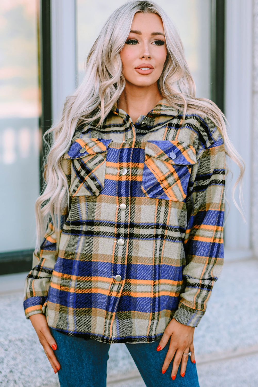 Plaid Button Front Pocket Shirt Shacket - Cowaa