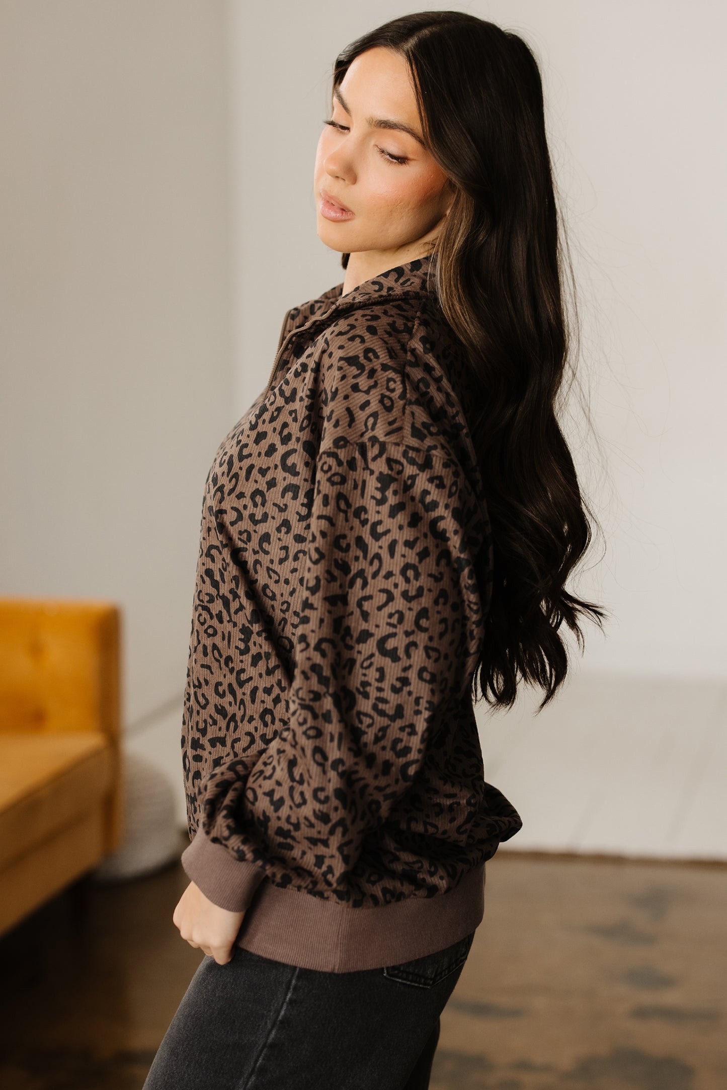 Brown Leopard Print Quarter Zip Corduroy Sweatshirt - Cowaa