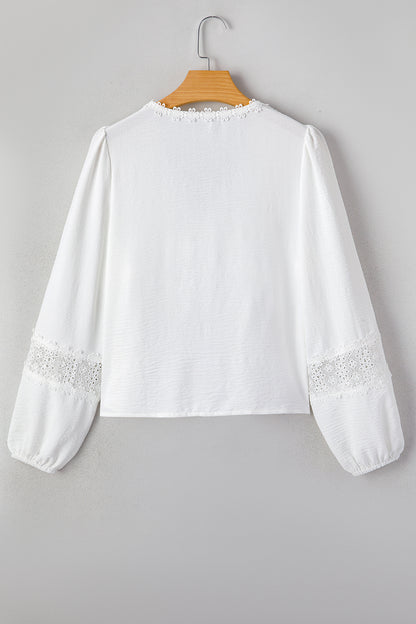 White Solid Color Floral Guipure Lace Patchwork Frilled Long Sleeve Blouse - Cowaa