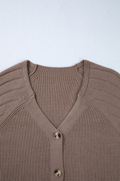 Light Pink Mixed Texture Knit Button V Neck Sweater Cardigan - Cowaa