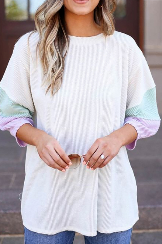 White Pit-striped Colorblock Drop Sleeve Top - Cowaa