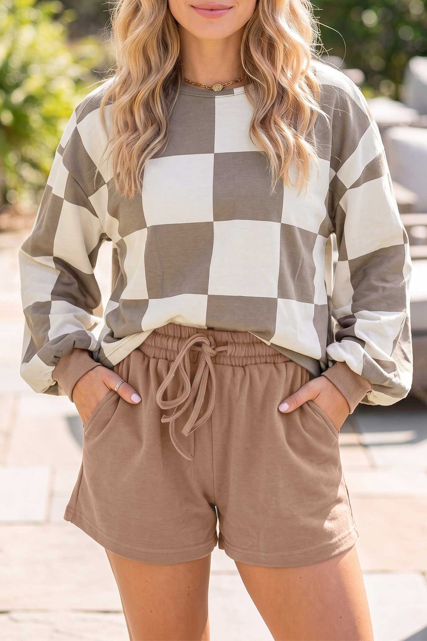 Black Checkerboard Plaid Long Sleeve Solid Color Shorts 2pcs Set
