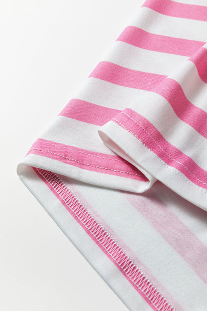 Pink Stripe V Neck Patched Pocket Casual T Shirt - Cowaa