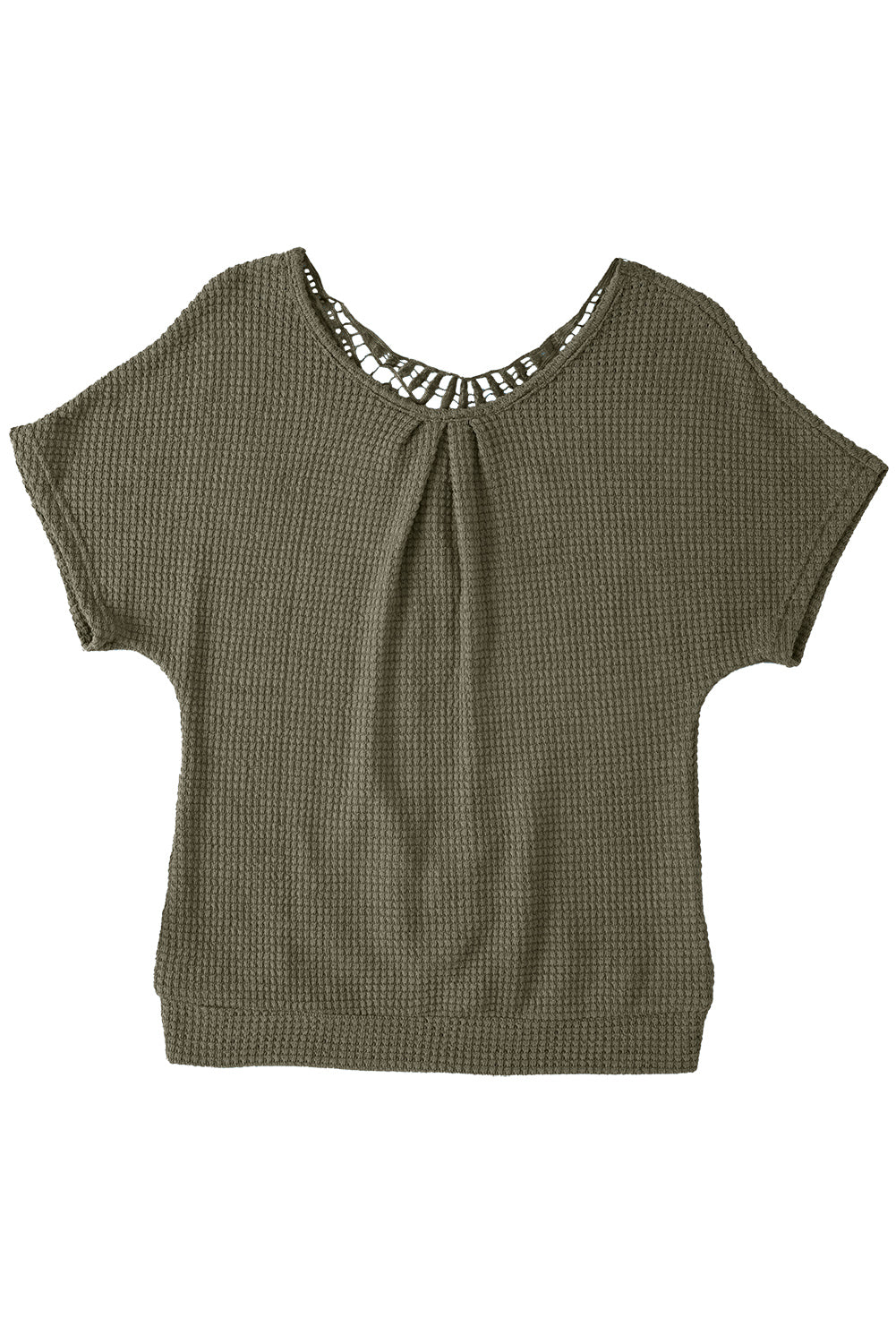 Oatmeal Guipure Lace Splicing Back Waffle Textured T-shirt - Cowaa