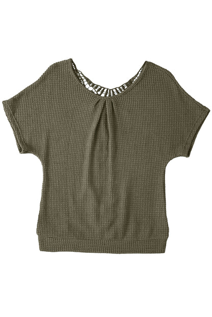 Oatmeal Guipure Lace Splicing Back Waffle Textured T-shirt - Cowaa