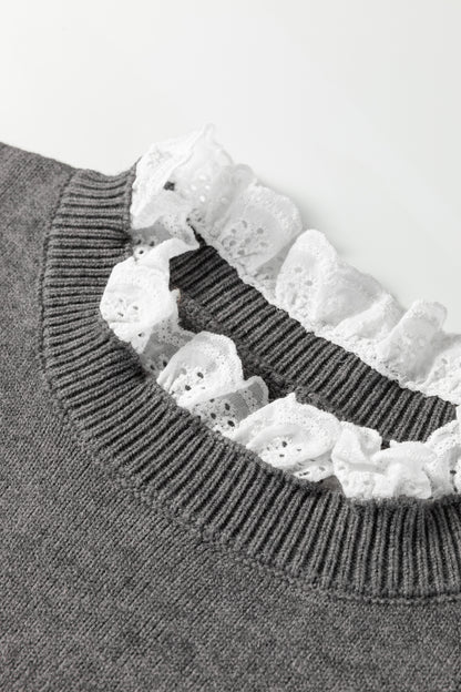 Sleet Lace Trim Patchwork Buttoned Cuffs Loose Sweater - Cowaa