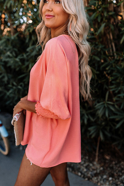 Apricot Solid Casual Smocked Cuffs Batwing Sleeve Blouse - Cowaa