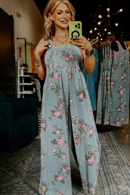Gray Beau Floral Print Pleated High Waist Wide Leg Denim Jumpsuit