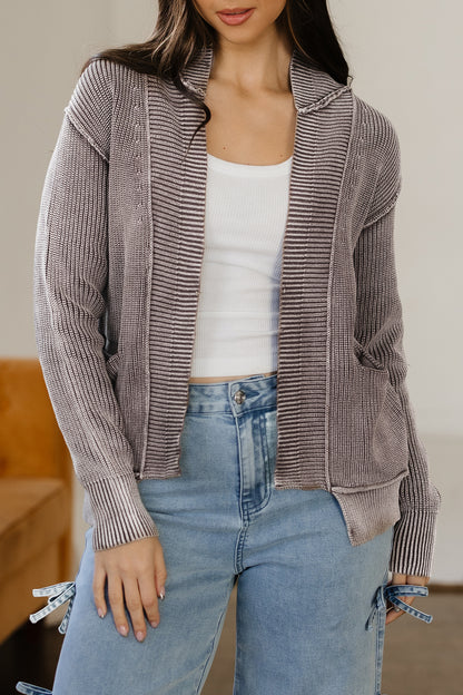 Dark Brown Mineral Wash Exposed Seam Patchwork Knit Open Sweater Cardigan - Cowaa