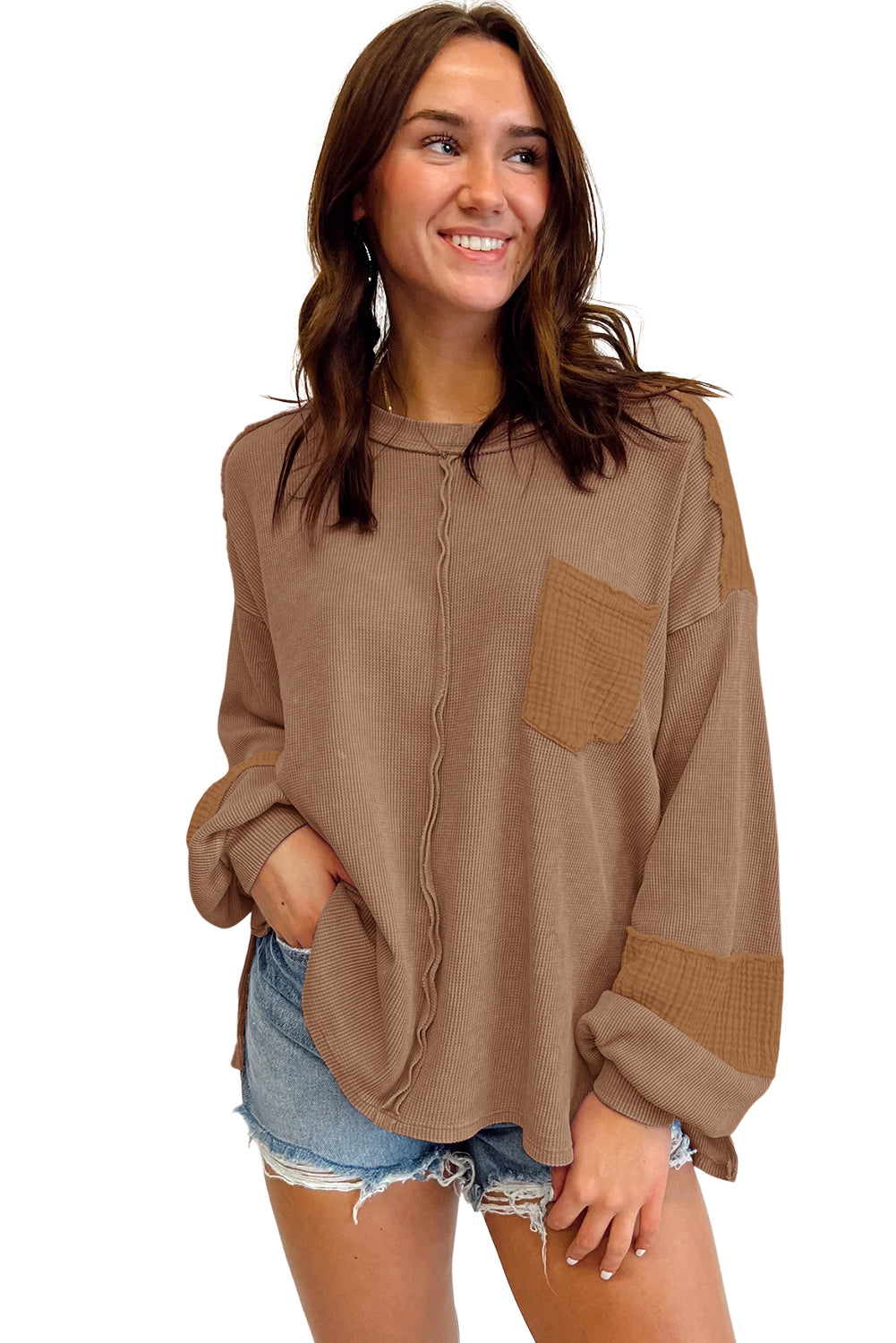Crinkle Patchwork Long Sleeve Top - Cowaa